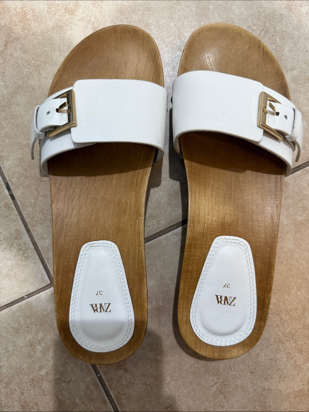 Zara White Leather Slide Sandals with Gold Buckles